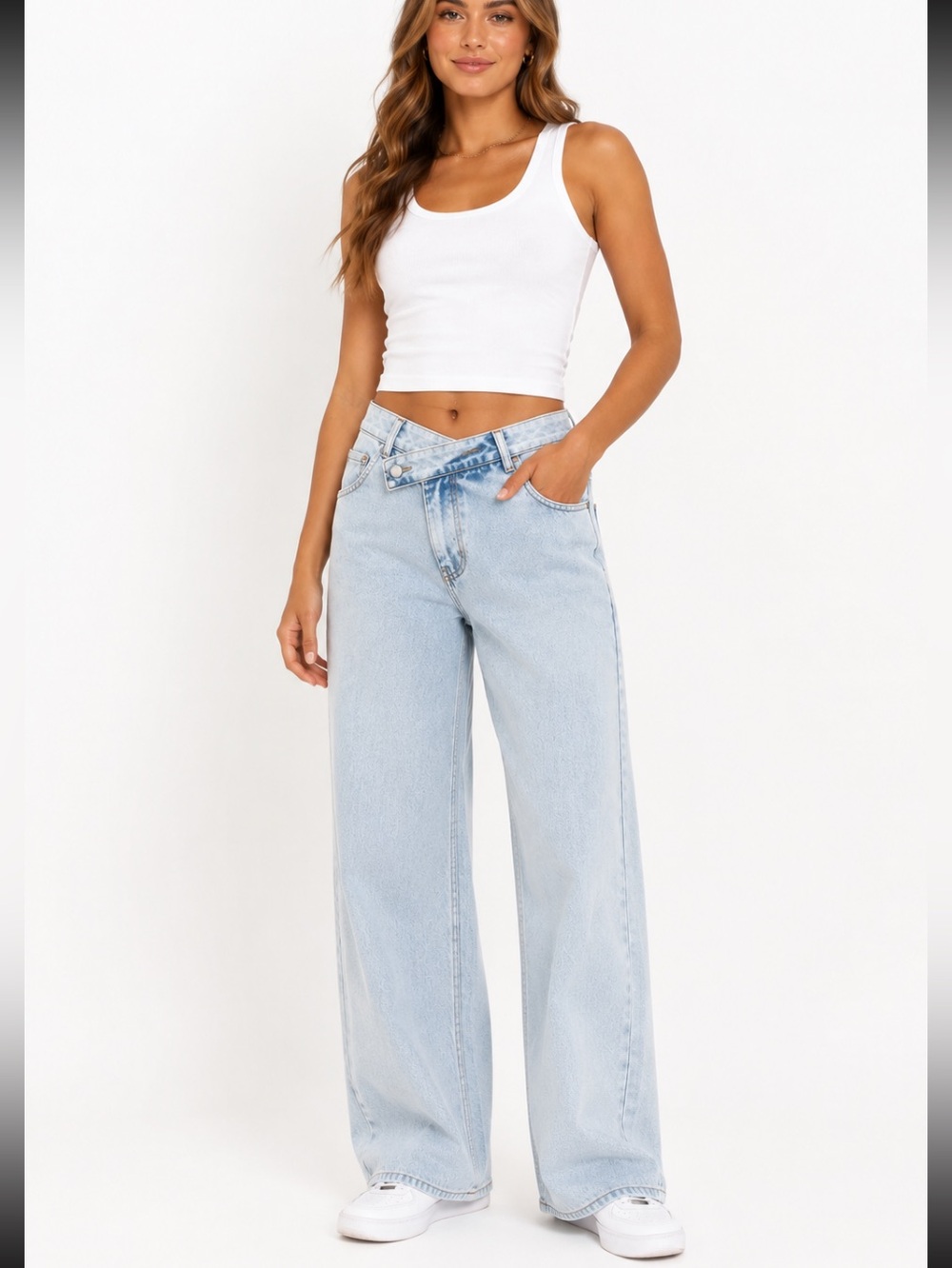 FOREVER 21 Light Wash Blue Asymmetric Crossover Waistband Wide Leg Jeans Size 29